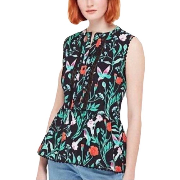KATE SPADE Top Jardin Poplin Floral Hummingbird Black M - Picture 1 of 6